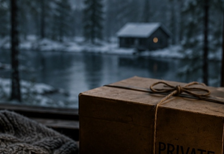A remote cabin beside a winter lake after a storm.