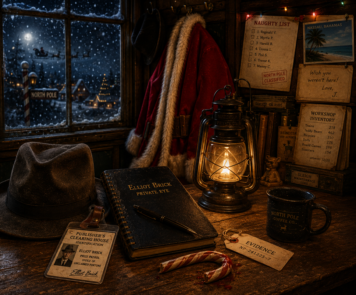 A quiet North Pole workshop at night with snow outside, Santa's coat, Elliot Brick's fedora and notebook, a lantern, Publisher's Clearing House identification, and a candy cane tagged as evidence.