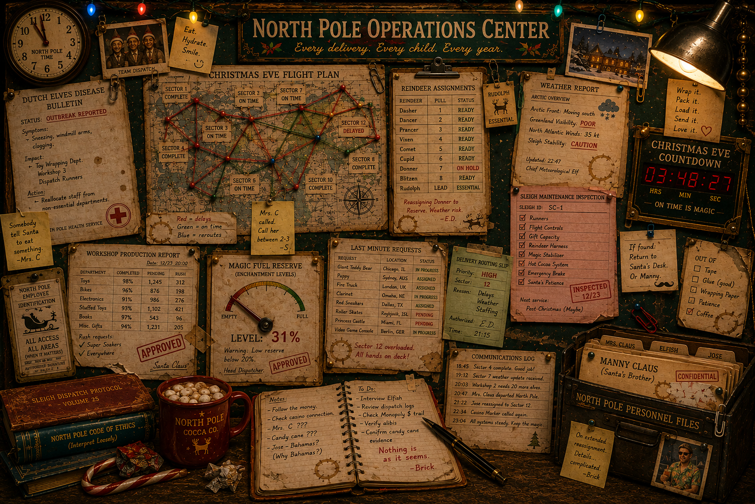 A crowded North Pole operations board with flight plans, reindeer assignments, weather reports, workshop production figures, maintenance checklists, personnel files, and Brick's investigation notes.