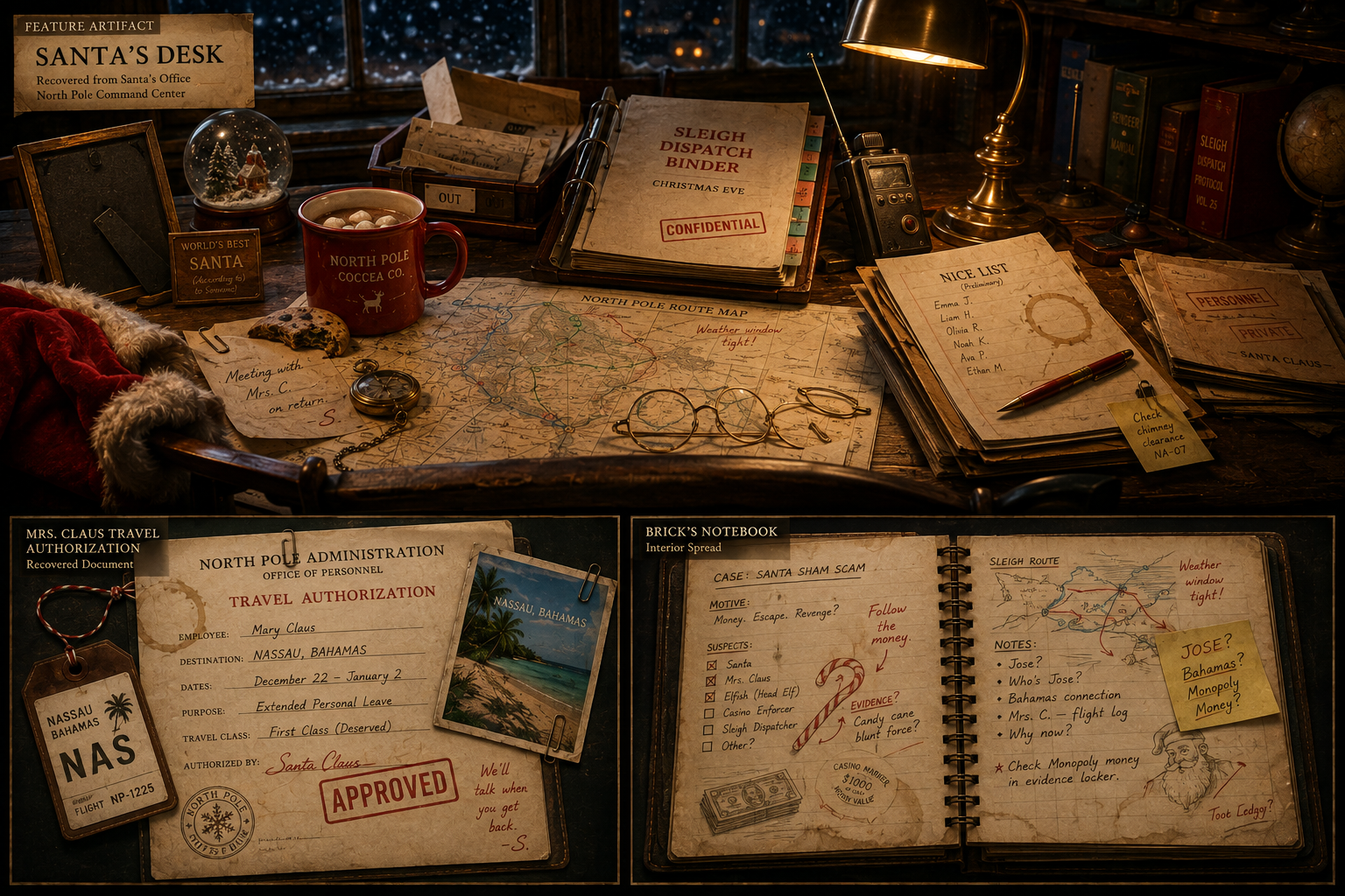 Santa's desk with a sleigh dispatch binder, route map, travel authorization for Mrs. Claus, and Elliot Brick's notebook spread.