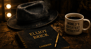 Fedora, notebook, coffee mug and case papers belonging to Elliot Brick