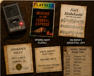 An evidence locker containing the recorder, Playbill, sheet music, insurance policy, business card and stage callboard