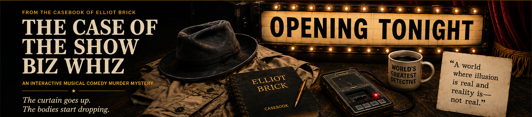 The Case of the Show Biz Whiz: a glowing Opening Tonight marquee above Elliot Brick’s fedora, trench coat, casebook, Michael Obits’s recorder, coffee mug, and a quotation card, all fully contained within a wide theatrical composition.