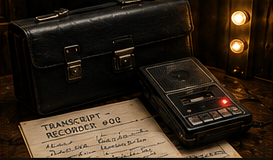 Briefcase, recorder, appointment calendar and business cards belonging to Michael Obits