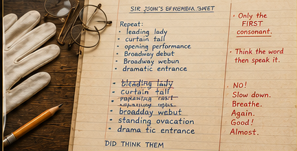 A loose rehearsal sheet covered in red and blue corrections, with a pencil and curled paper corner