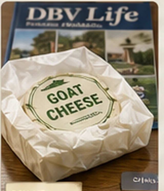 A round of goat cheese partly concealed beneath a Del Boca Vista community newsletter.