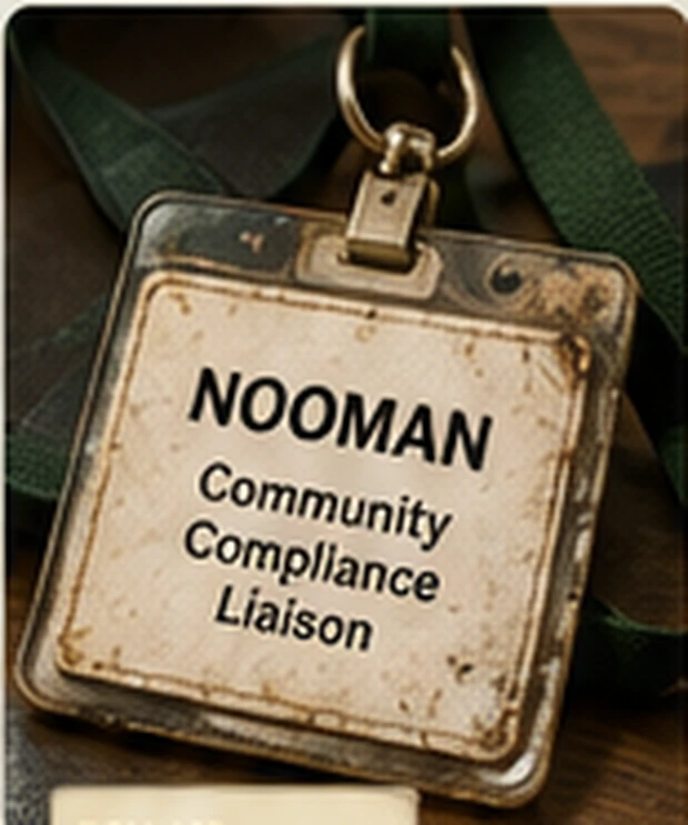 Nooman's worn community compliance liaison badge on a faded lanyard.