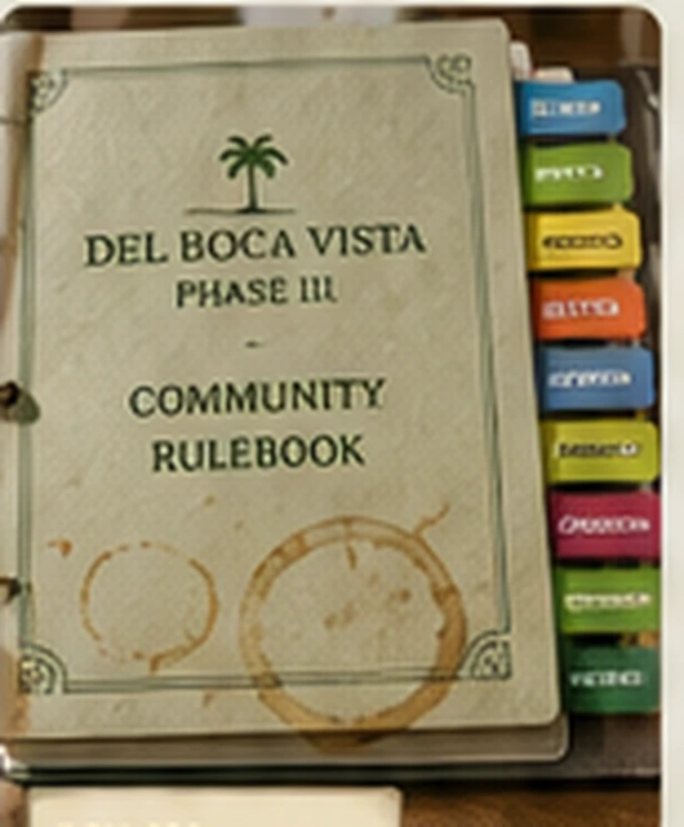 A dog-eared, tabbed Del Boca Vista Phase III community rulebook with a coffee-ring stain.