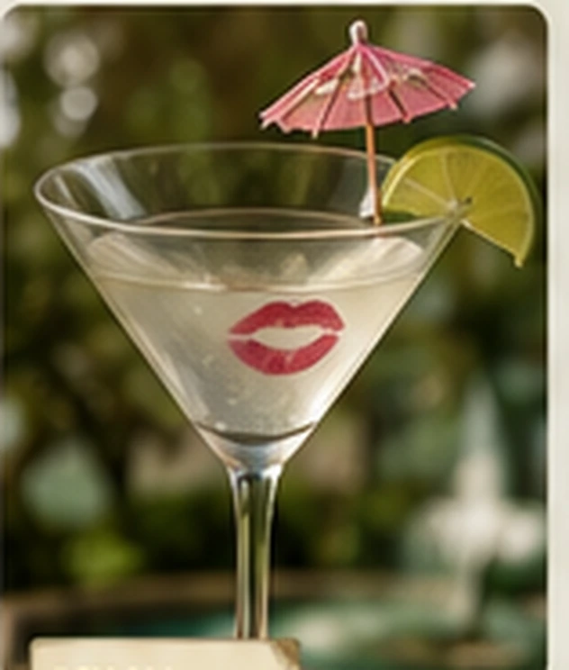 A Spa-tini in a martini glass with lime, a tiny umbrella, and a lipstick mark on the rim.