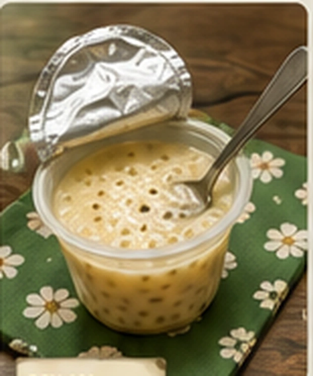 An opened cup of tapioca pudding with a plastic spoon and one bite remaining.