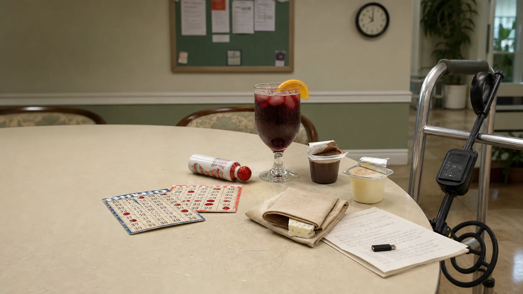Pudding cups, bingo cards, and other evidence from Signfeld 2040.