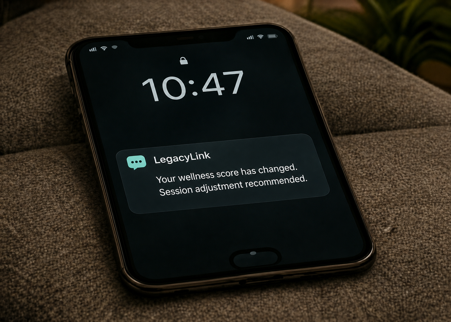 A phone left on a chair with a LegacyLink notification that the wellness score has changed and a session adjustment is recommended