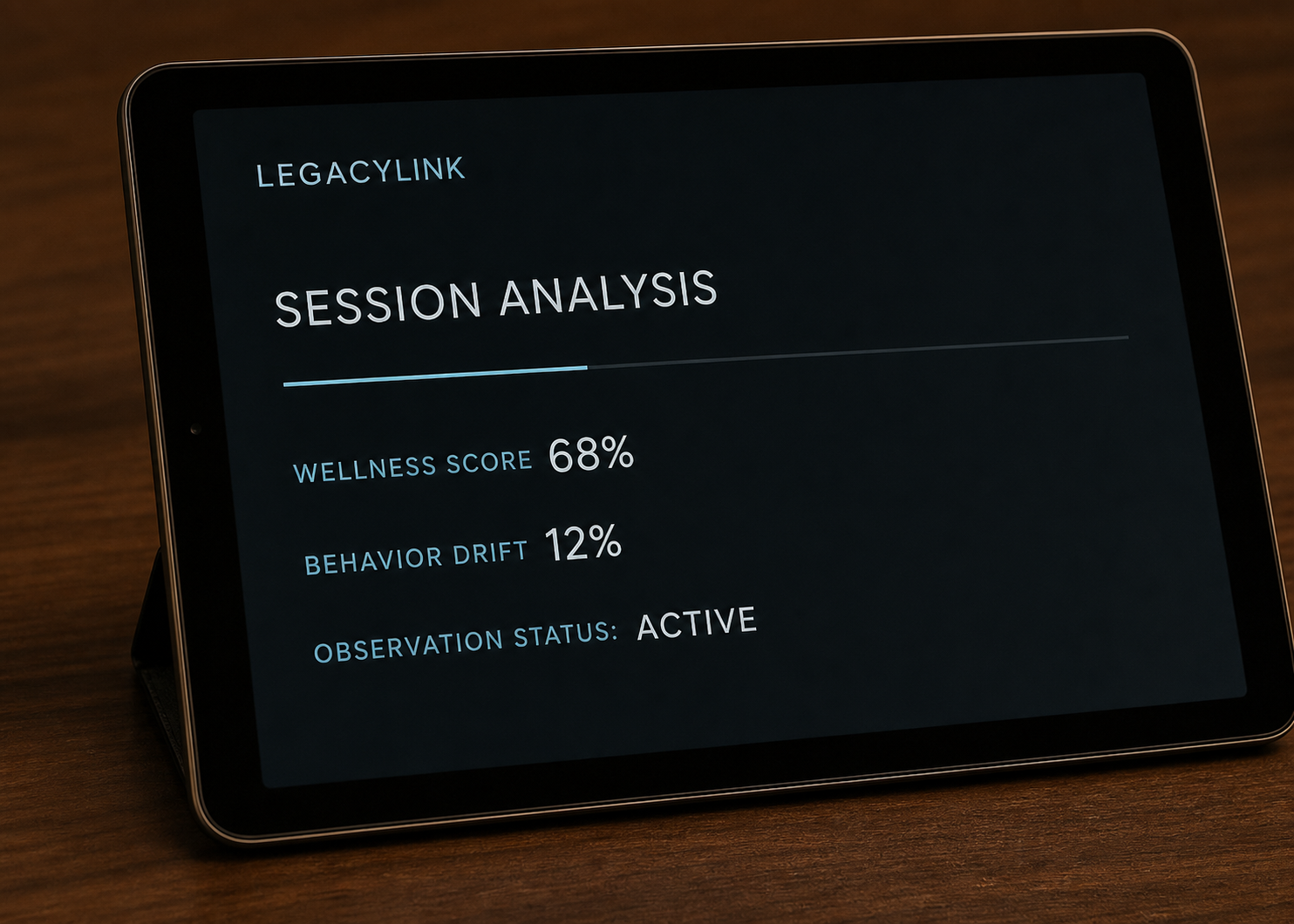 A LegacyLink tablet displaying wellness score, behavior drift, and active observation status