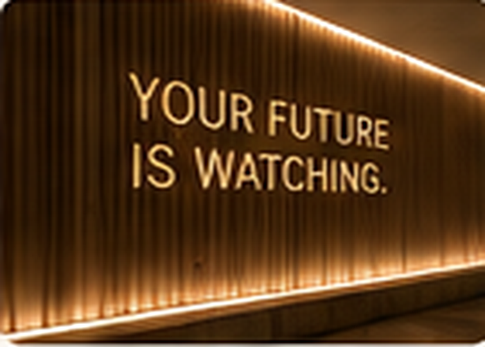 Warm birch paneling bearing the primary doctrine Your Future Is Watching