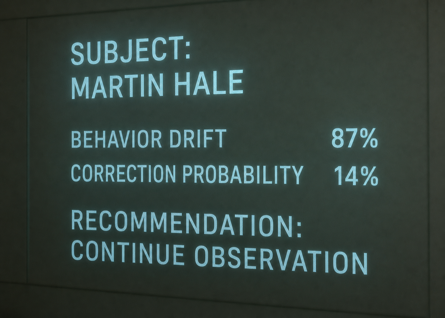 A restrained behavioral diagnostic for Martin Hale showing behavior drift at 87 percent, correction probability at 14 percent, and a recommendation to continue observation