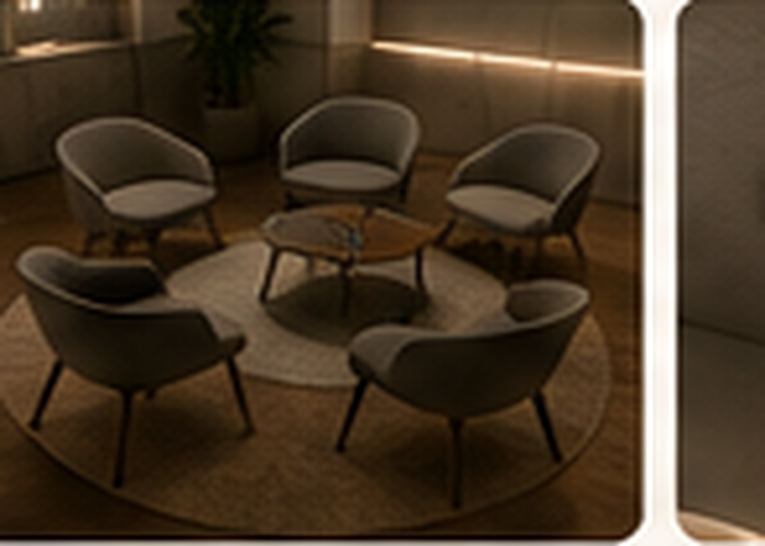 Five empty lounge chairs arranged in a circle for a LegacyLink session