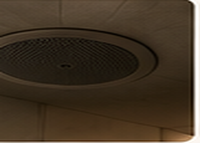 A discreet speaker embedded in the lodge ceiling