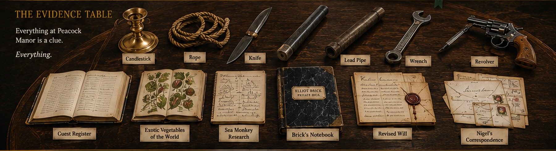 The six classic mystery weapons—candlestick, rope, knife, lead pipe, wrench, and revolver—arranged with the guest register, Exotic Vegetables of the World, giant Sea Monkey research, Elliot Brick's notebook, the revised will, and Nigel's correspondence.