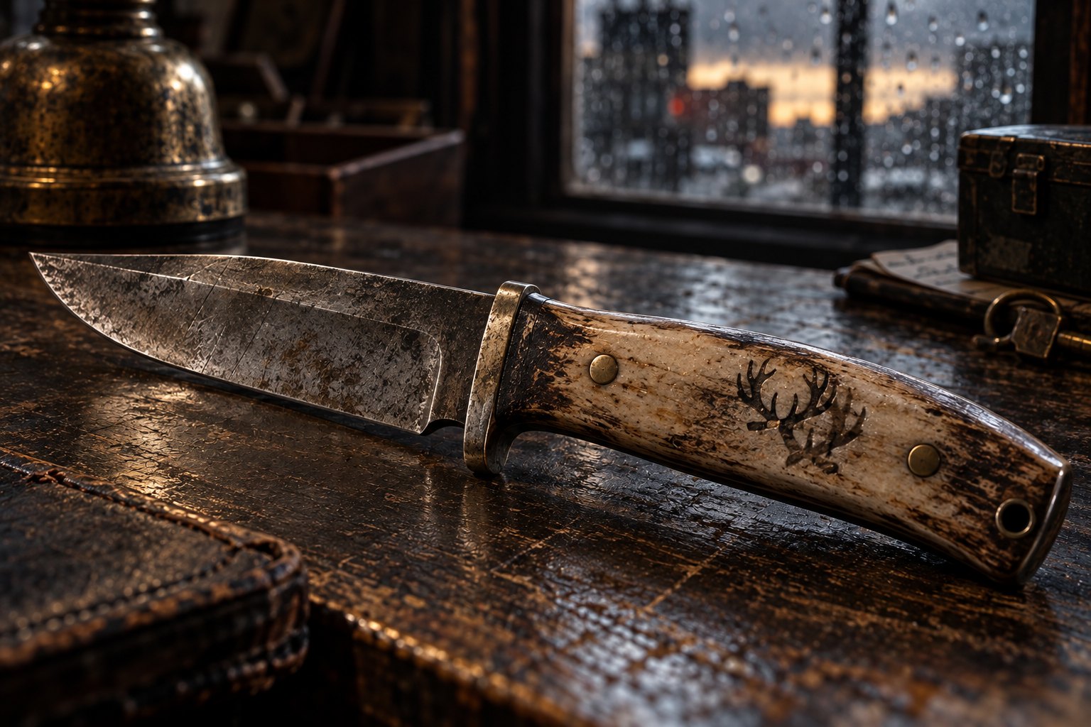 An aged full-tang hunting knife with a small antler mark struck twice on the worn grip.