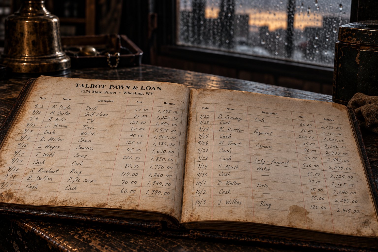 An old Talbot Pawn & Loan ledger open to handwritten transactions, including a funeral expense hidden among routine entries.