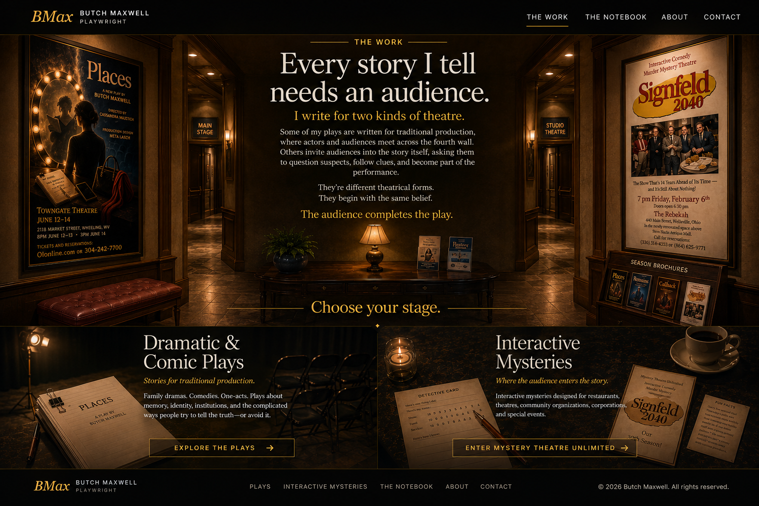 A warmly lit theatre lobby introducing Butch Maxwell's dramatic plays and interactive mysteries.